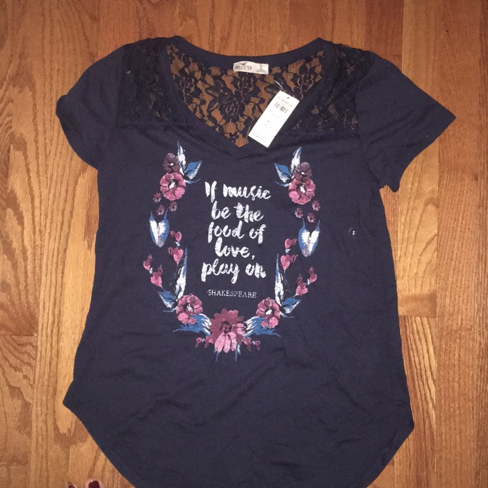 Hollister Navy Lace-Trim Floral Graphic Tee